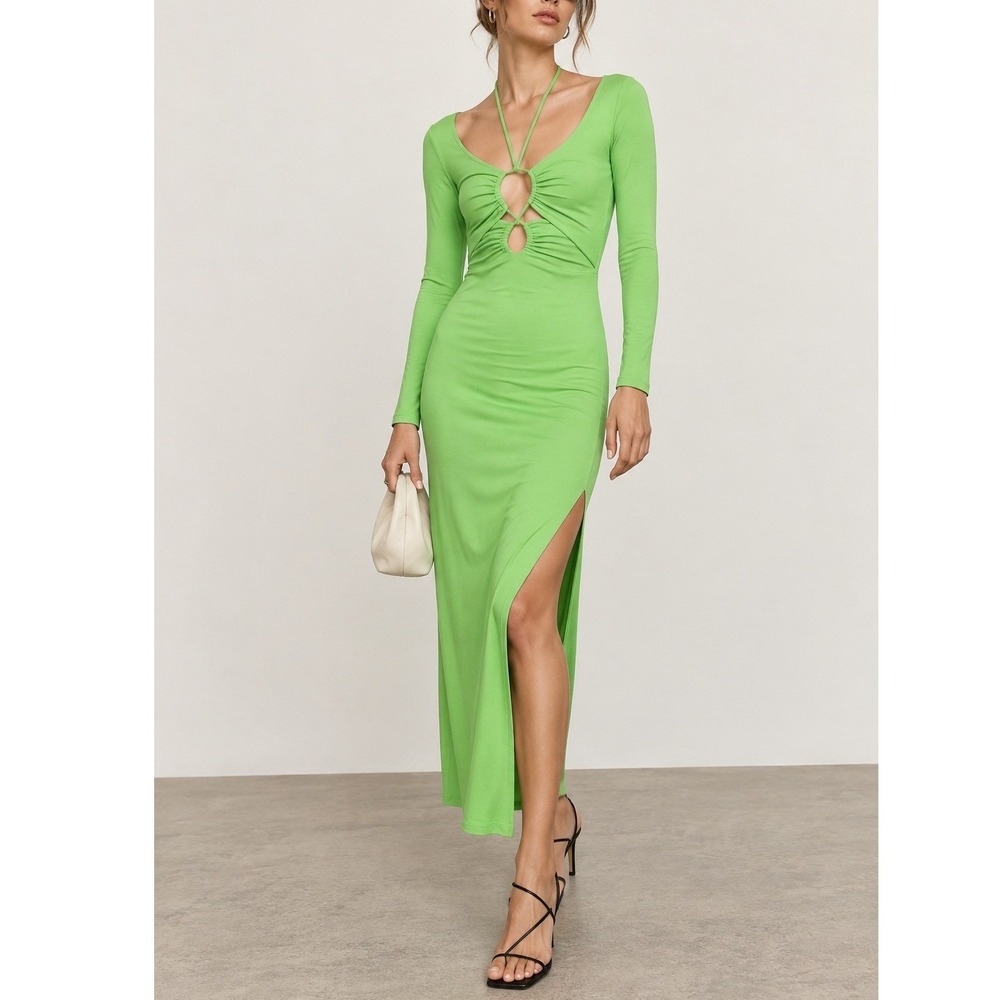 Lama Jouni Maxi Dress Women's Small Green Ribbed Stretch Cut Out Long Sleeve
